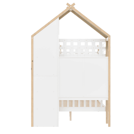 Cama alta 90x200 cm + 140x200 cm - Com grades, escada, 2 gavetas, vedação irregular - Branco + Natural