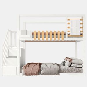 Beliche 90x200cm - Com escada, janela, prateleira e proteção contra quedas - Branco