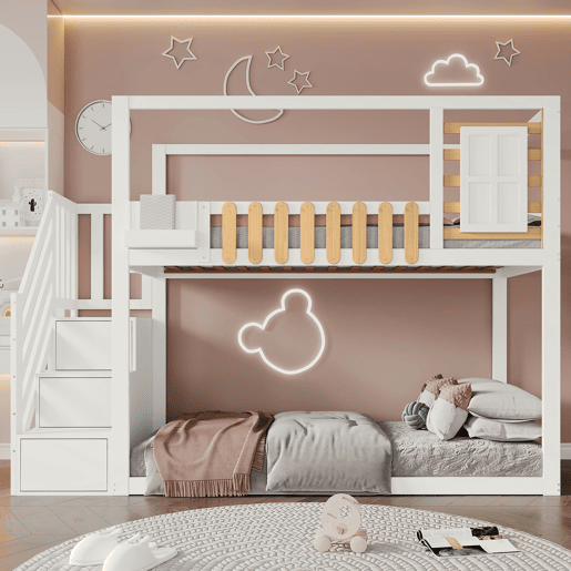 Beliche 90x200cm - Com escada, janela, prateleira e proteção contra quedas - Branco