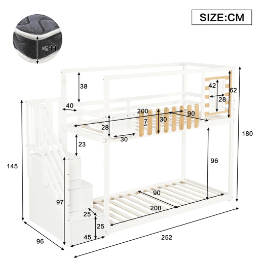 Beliche 90x200cm - Com escada, janela, prateleira e proteção contra quedas - Branco