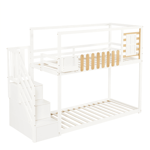 Beliche 90x200cm - Com escada, janela, prateleira e proteção contra quedas - Branco