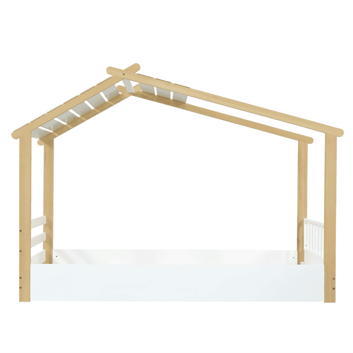 Cama infantil 90x200cm - Design de casa de madeira, ripas estáveis, design simples - Branco+Natural