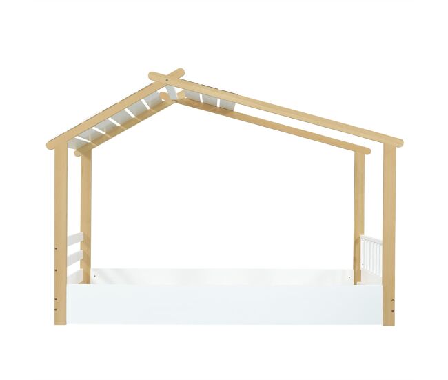 Cama infantil 90x200cm - diseño de casa de madera, lamas estables, diseño sencillo - blanco+natural