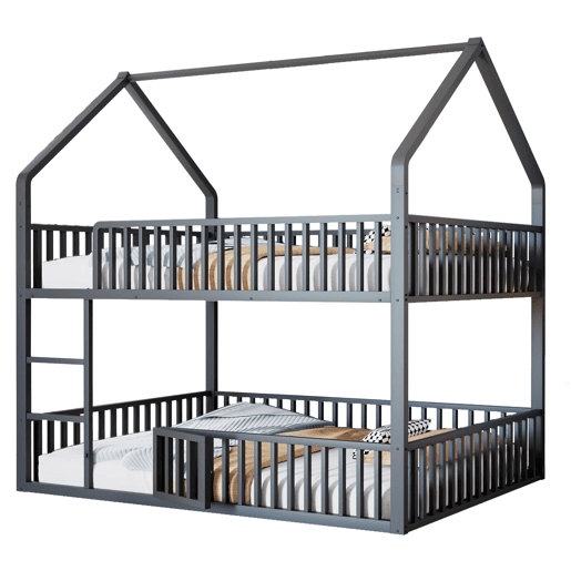 Beliche infantil 140x200 - Cama metálica com escada, design loft, com porta - Preta