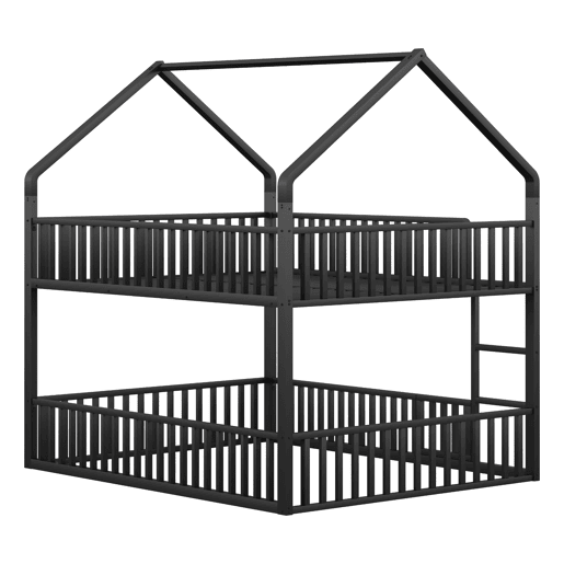 Beliche infantil 140x200 - Cama metálica com escada, design loft, com porta - Preta