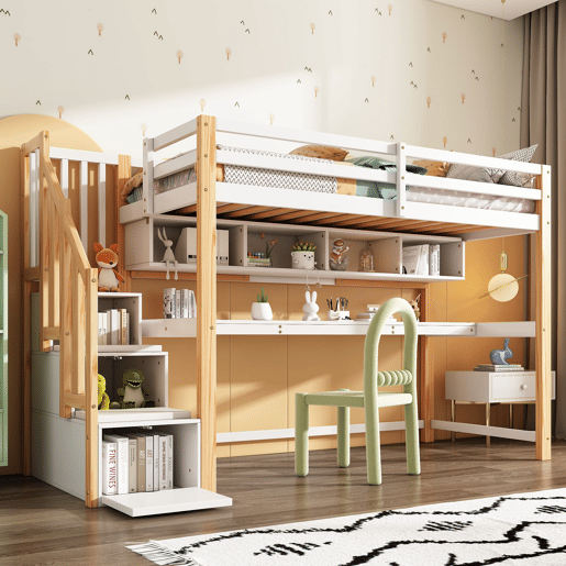 Cama alta infantil 90x200 - Secretária grande, prateleiras, cores naturais e brancas - Madeira maciça