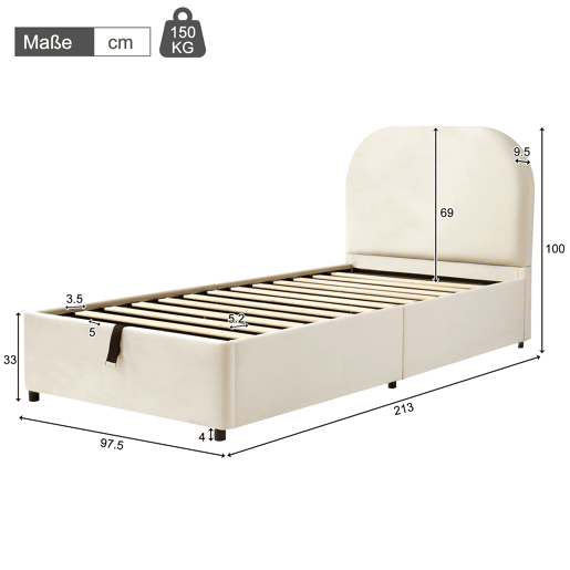 Cama com armazenamento,cama de criança,cama de solteiro de veludo 90x200 cm,bege