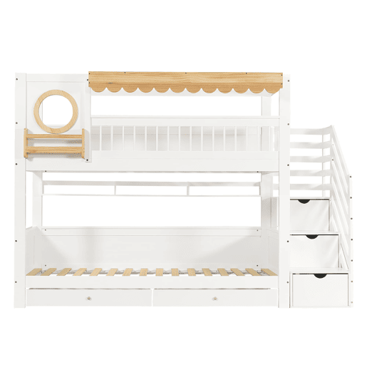Beliche infantil 90x200 cm - Com gavetas, escada com armário, prateleiras laterais - Branco+Natural