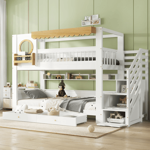 Beliche infantil 90x200 cm - Com gavetas, escada com armário, prateleiras laterais - Branco+Natural