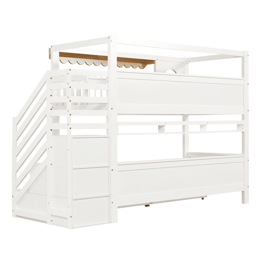 Beliche infantil 90x200 cm - Com gavetas, escada com armário, prateleiras laterais - Branco+Natural