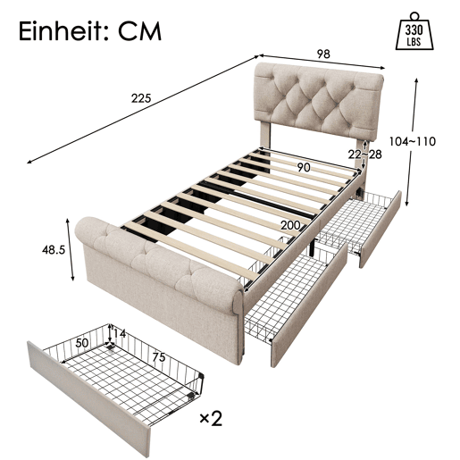 Cama individual 90x200 cm - Com 2 gavetas e cabeceira ajustável - Chesterfield - Natural