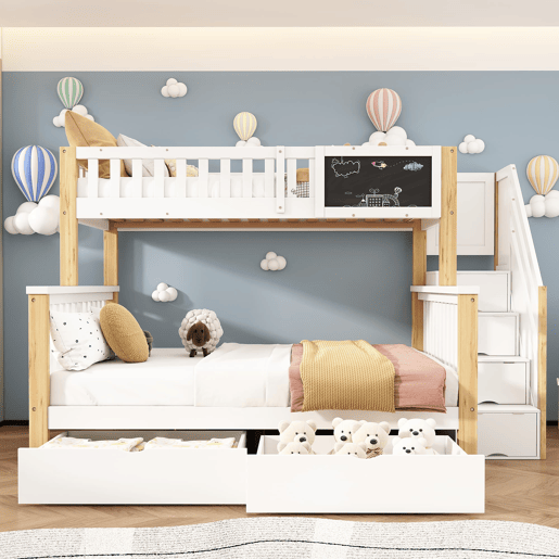 Beliche infantil 90x200+140x200 - Multifuncional com quadro negro e gavetas - Branco + Carvalho claro