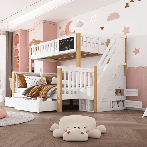 Beliche infantil 90x200+140x200 - Multifuncional com quadro negro e gavetas - Branco + Carvalho claro