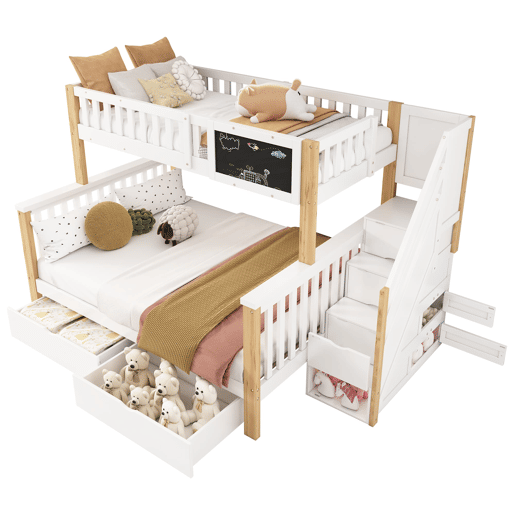 Beliche infantil 90x200+140x200 - Multifuncional com quadro negro e gavetas - Branco + Carvalho claro