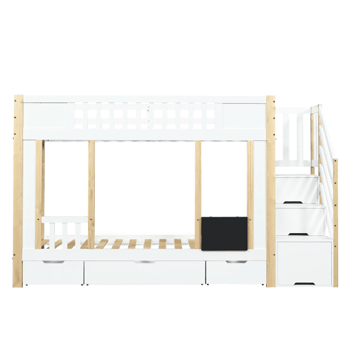 Cama alta 90x200 cm - Com armário escada, três gavetas, quadro negro, madeira de pinho - Branco + Natural
