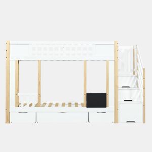 Cama alta 90x200 cm - Com armário escada, três gavetas, quadro negro, madeira de pinho - Branco + Natural