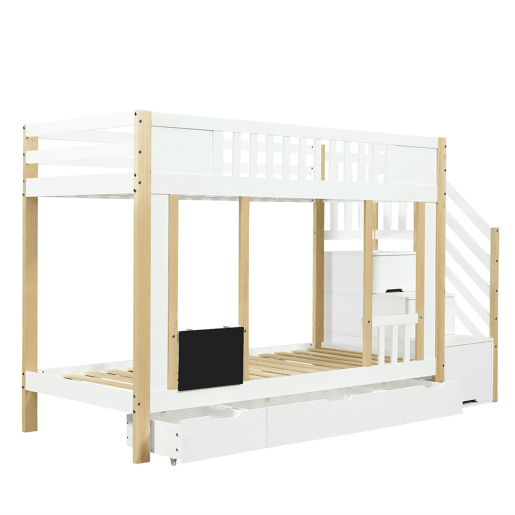 Cama alta 90x200 cm - Com armário escada, três gavetas, quadro negro, madeira de pinho - Branco + Natural