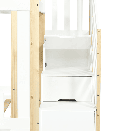 Cama alta 90x200 cm - Com armário escada, três gavetas, quadro negro, madeira de pinho - Branco + Natural