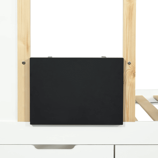 Cama alta 90x200 cm - Com armário escada, três gavetas, quadro negro, madeira de pinho - Branco + Natural
