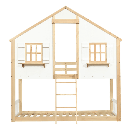 Beliche infantil 90x200 cm - Janelas e teto decorativos, base estável, grades laterais - Branco + Natural
