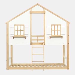 Beliche infantil 90x200 cm - Janelas e teto decorativos, base estável, grades laterais - Branco + Natural