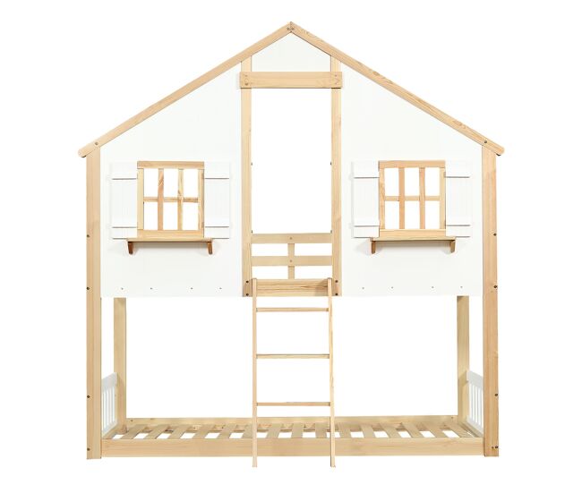 Litera infantil 90x200cm - ventanas y techo decorativos, somier estable, barandillas laterales - blanco+natural
