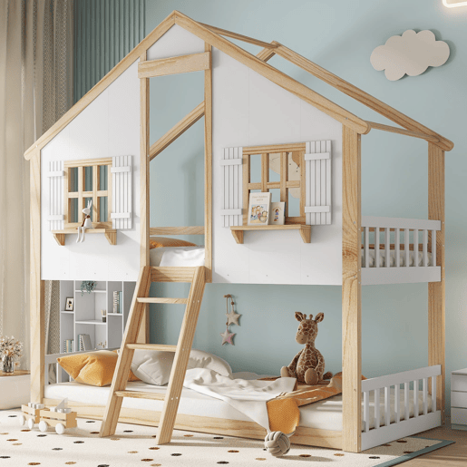 Beliche infantil 90x200 cm - Janelas e teto decorativos, base estável, grades laterais - Branco + Natural