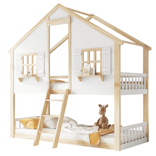 Beliche infantil 90x200 cm - Janelas e teto decorativos, base estável, grades laterais - Branco + Natural