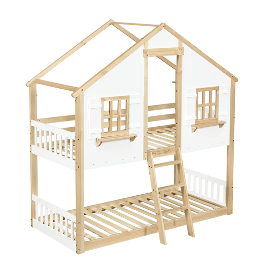 Beliche infantil 90x200 cm - Janelas e teto decorativos, base estável, grades laterais - Branco + Natural