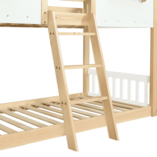 Beliche infantil 90x200 cm - Janelas e teto decorativos, base estável, grades laterais - Branco + Natural