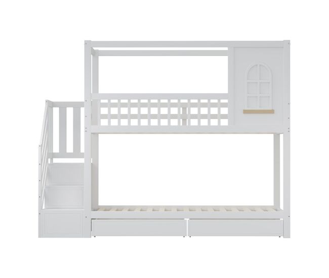 Cama litera 90x200 cm - estructura de madera maciza, diseño de casa con ventanas, con cajones y escalera de seguridad - blanco