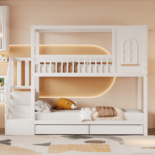 Beliche 90x200 cm - Estrutura em madeira maciça, design de casa com janelas, com gavetas e escada de segurança - Branco