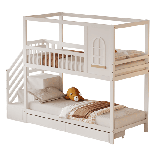 Beliche 90x200 cm - Estrutura em madeira maciça, design de casa com janelas, com gavetas e escada de segurança - Branco