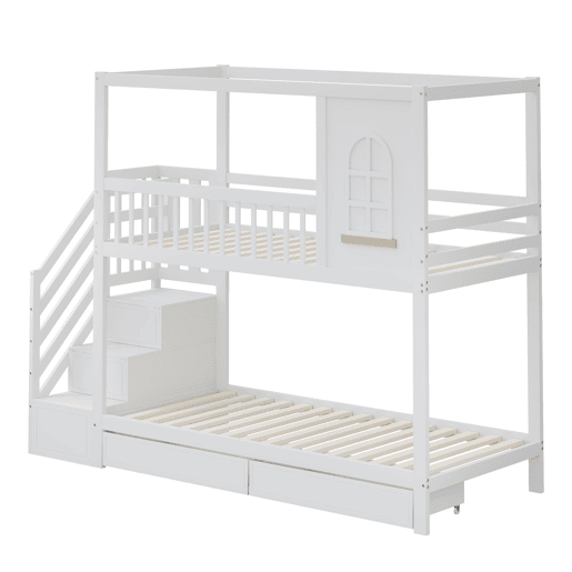 Beliche 90x200 cm - Estrutura em madeira maciça, design de casa com janelas, com gavetas e escada de segurança - Branco