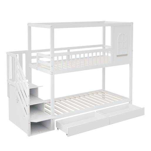 Beliche 90x200 cm - Estrutura em madeira maciça, design de casa com janelas, com gavetas e escada de segurança - Branco
