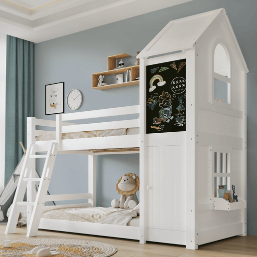 Beliche infantil 90x200 cm - Com porta pequena, janela, teto, escada inclinada - Branco