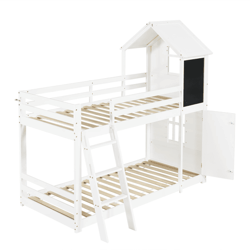 Beliche infantil 90x200 cm - Com porta pequena, janela, teto, escada inclinada - Branco
