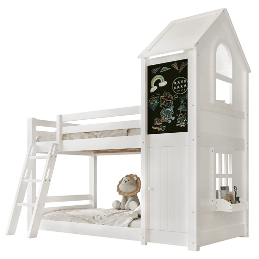 Beliche infantil 90x200 cm - Com porta pequena, janela, teto, escada inclinada - Branco