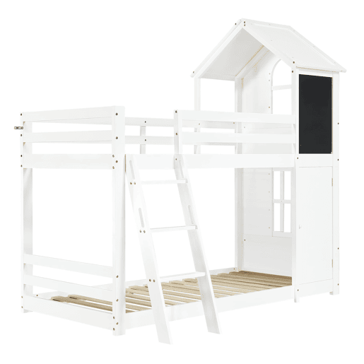 Beliche infantil 90x200 cm - Com porta pequena, janela, teto, escada inclinada - Branco