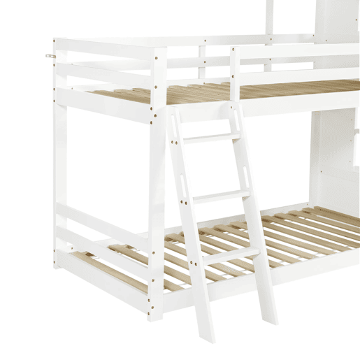 Beliche infantil 90x200 cm - Com porta pequena, janela, teto, escada inclinada - Branco