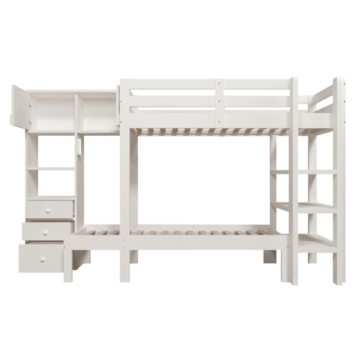 Cama beliche 90x200 cm - Luz noturna inteligente, design escalonado, com armário e estante - Branco Cama beliche 90x200 cm - Luz noturna inteligente, design escalonado, com armário e estante - Branco