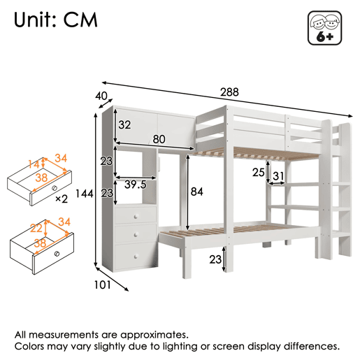 Cama beliche 90x200 cm - Luz noturna inteligente, design escalonado, com armário e estante - Branco Cama beliche 90x200 cm - Luz noturna inteligente, design escalonado, com armário e estante - Branco