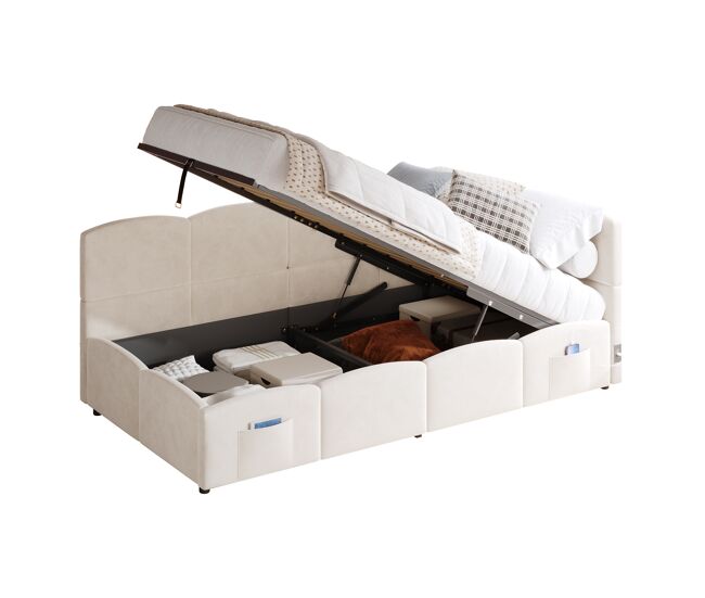 Cama con almacenaje,cama infantil,cama individual de tela 90x200 cm,beige