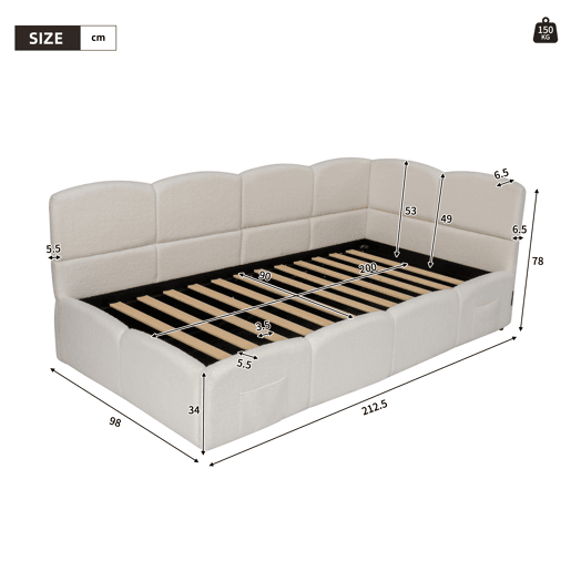 Cama com armazenamento,cama de criança,cama de solteiro de tecido 90x200 cm,bege