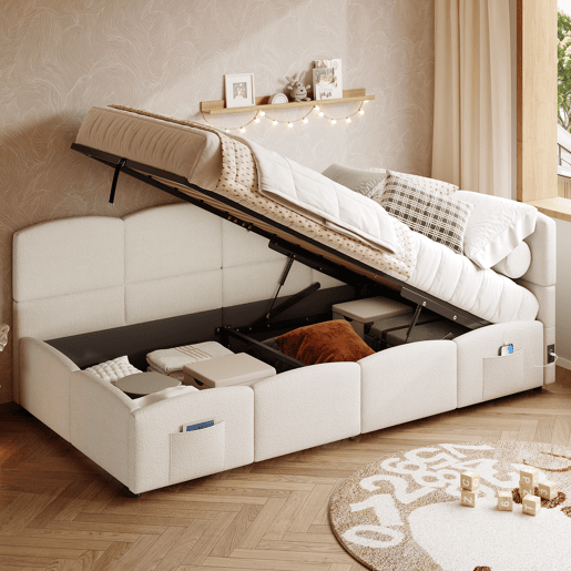 Cama com armazenamento,cama de criança,cama de solteiro de tecido 90x200 cm,bege