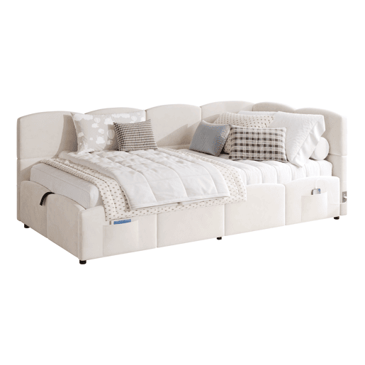 Cama com armazenamento,cama de criança,cama de solteiro de tecido 90x200 cm,bege