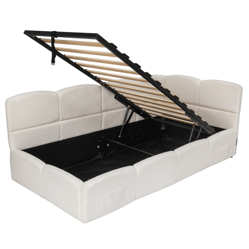 Cama com armazenamento,cama de criança,cama de solteiro de tecido 90x200 cm,bege