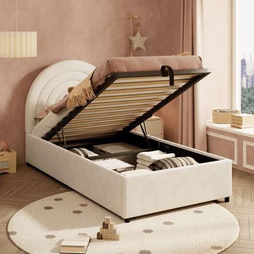 Cama com armazenamento,cama de criança,cama de solteiro de veludo 90x200 cm,bege Cama com armazenamento,cama de criança,cama de solteiro de veludo 90x200 cm,bege