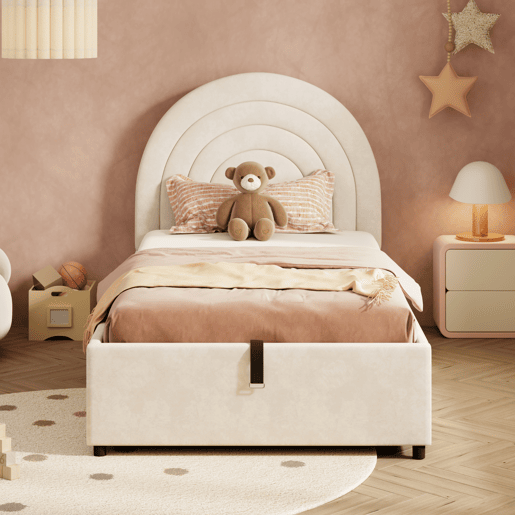 Cama com armazenamento,cama de criança,cama de solteiro de veludo 90x200 cm,bege Cama com armazenamento,cama de criança,cama de solteiro de veludo 90x200 cm,bege