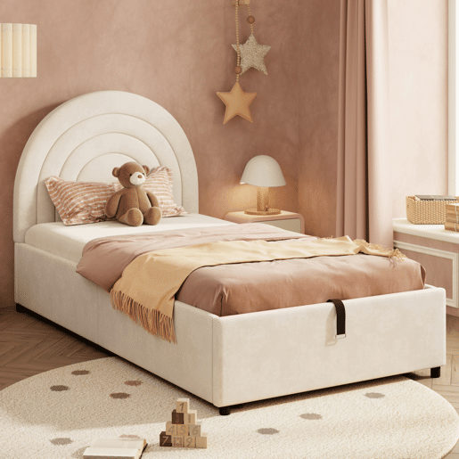 Cama com armazenamento,cama de criança,cama de solteiro de veludo 90x200 cm,bege Cama com armazenamento,cama de criança,cama de solteiro de veludo 90x200 cm,bege